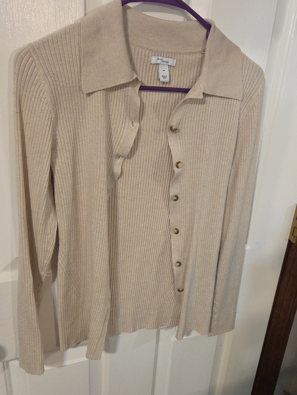 Daily Ritual Ribbed Button-Down Shirt in Beige - Picture 1 of 1